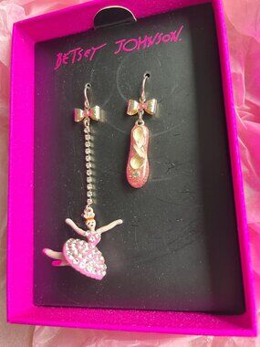 Betsey Johnson Enamel Ballerina & Slipper Earrings In Box